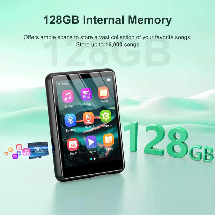 128GB MP3 Player Bluetooth 5.3, ZAQE 2.4" Full Touchscreen Tragbarer Sport MP3 Player,Eingebaute Hig