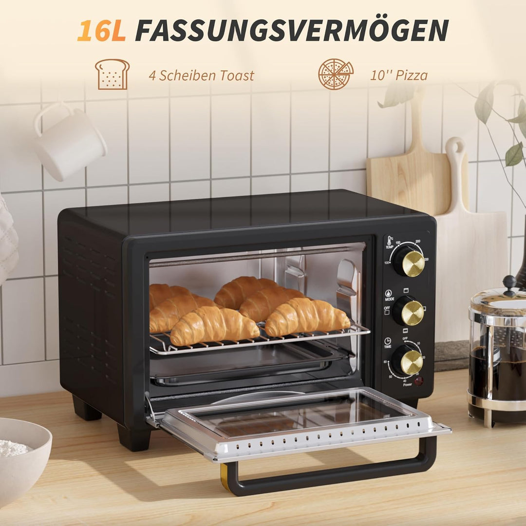 HOMCOM Mini Backofen 16 L 1400W 100-230℃ 60 Min. Timer inkl. Krümelblech, Backblech und Grillrost, M