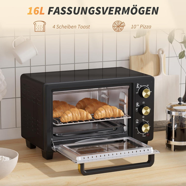 HOMCOM Mini Backofen 16 L 1400W 100-230℃ 60 Min. Timer inkl. Krümelblech, Backblech und Grillrost, M