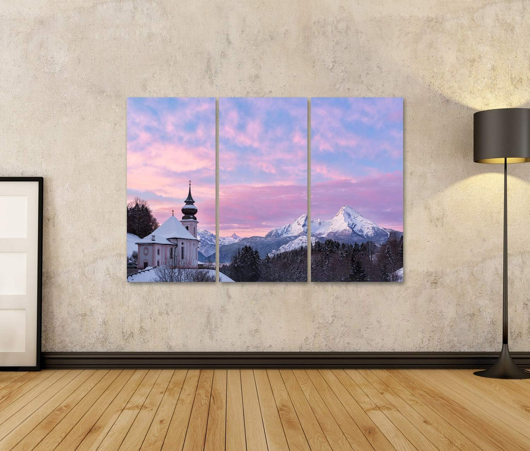 islandburner Bild auf Leinwand Watzmann Sonnenuntergang Kirche Bayern Berchtesgaden Deutschland Alpe