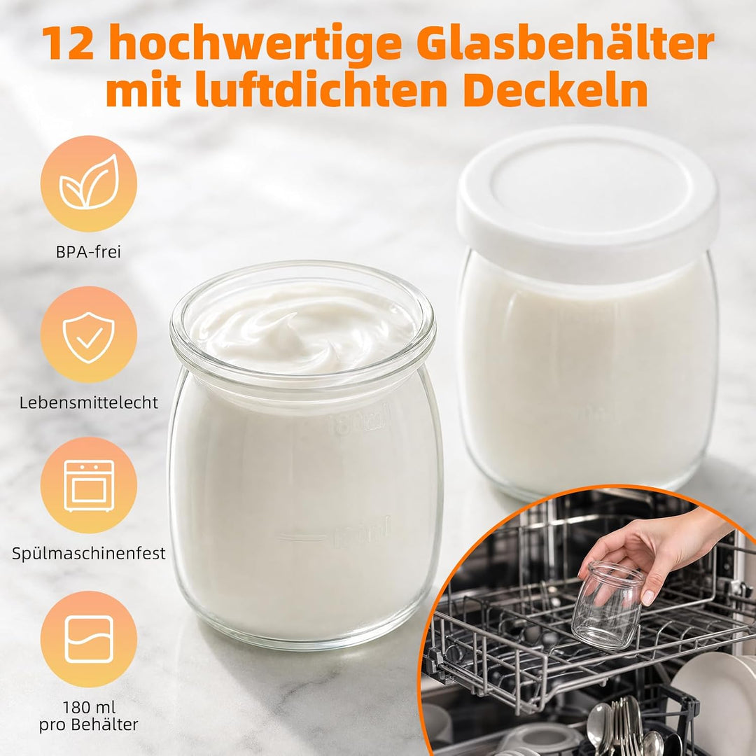 Joghurtbereiter 25W inkl. 12 Gläsern à 180 ml, Joghurtmaschine mit Temperatur und LCD Display Timer,