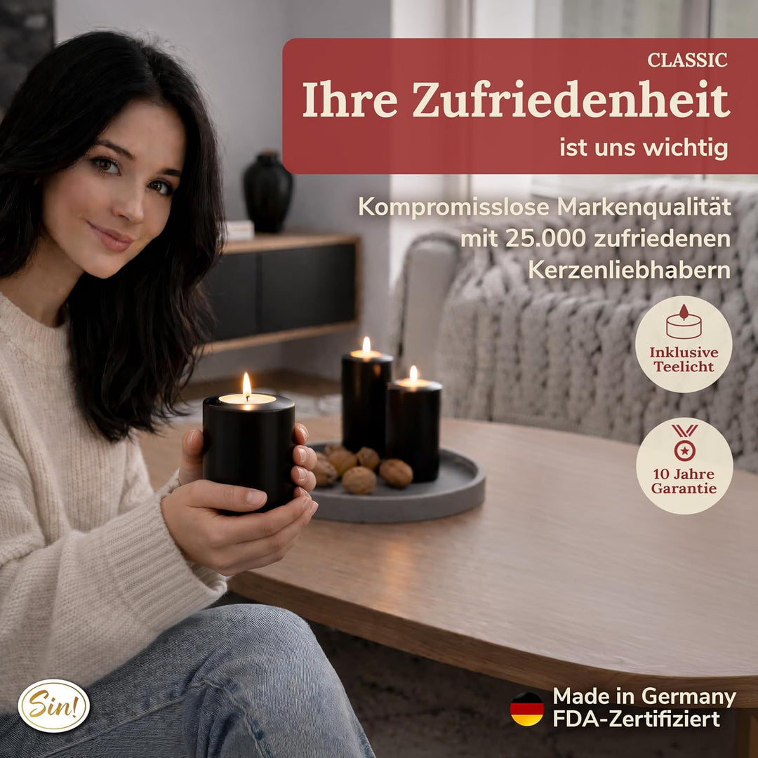 Sin! Teelichthalter Classic schwarz- ∅ 8 cm, Höhe 18 cm -Dauerkerze mit Teelicht in Kerzenform - Tee