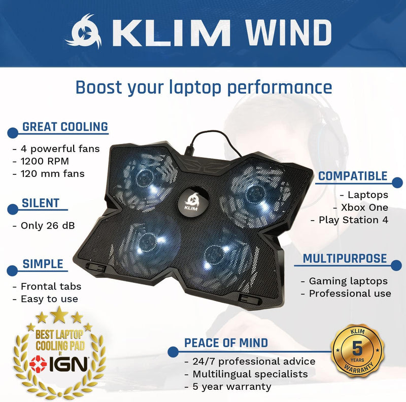 KLIM Wind Laptop Kühler - Leistungsstark Wie Kein Anderer – Schneller Kühlvorgang - 4 Lüfter PC Note