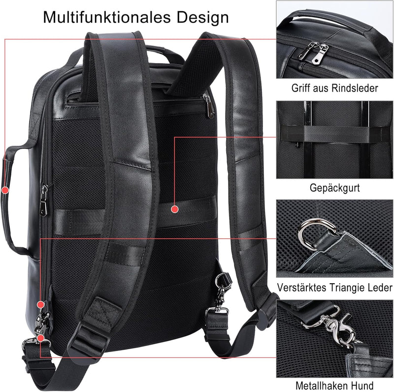 TIDING Herren Rucksack Echtes Leder Gross Kapazität Business Reisetasche für 15,6 Zoll Laptop Tasche