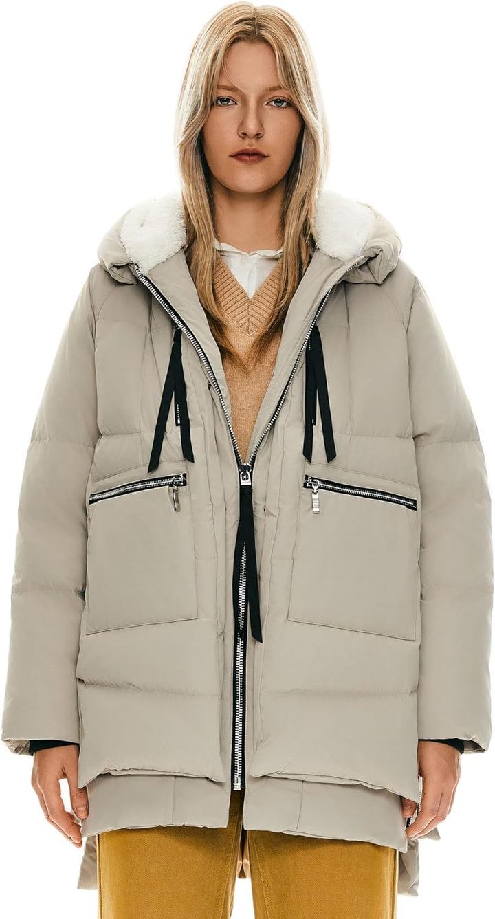 Orolay Winterjacke Damen Verdickte Warme Outdoor Daunenjacke für Damen mit Kapuze, S Beige