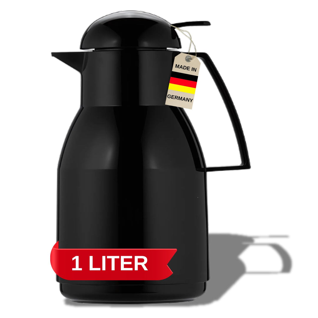 Helios Top Push Thermoskanne Schwarz 1L – 6h Heiss - Hält Getränke heiss & kalt – Einhandbedienung –
