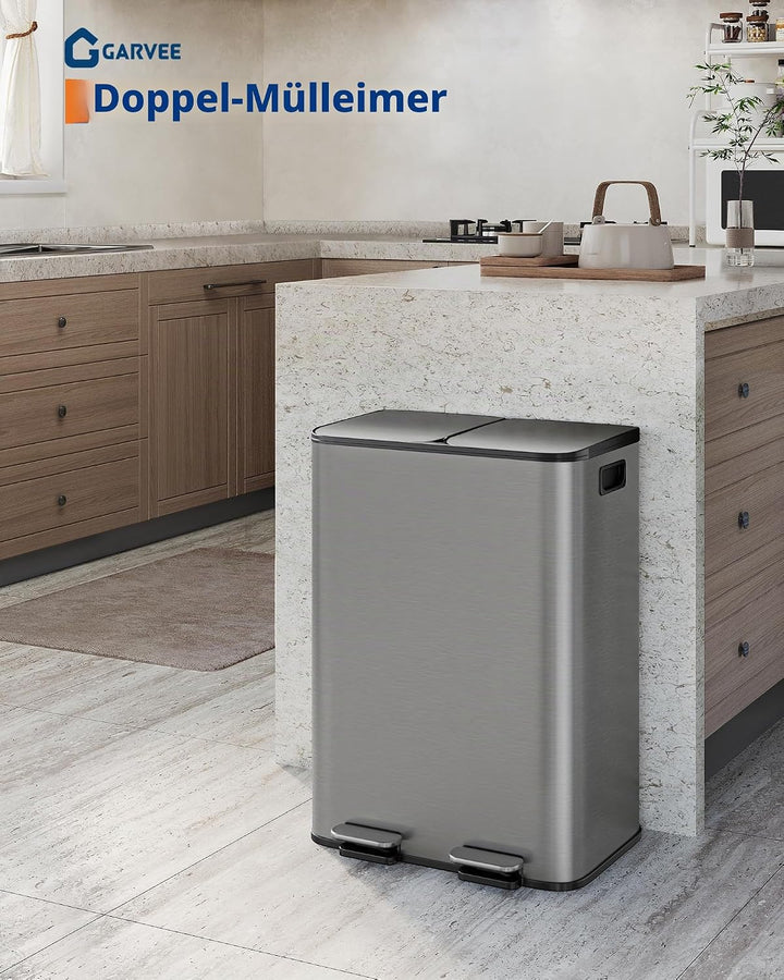 GarveeHome Mülleimer Küche, 2 x 30 L, Mülltrennsystem 2 Fächer, Metall-Tretmülleimer mit Seitlichem
