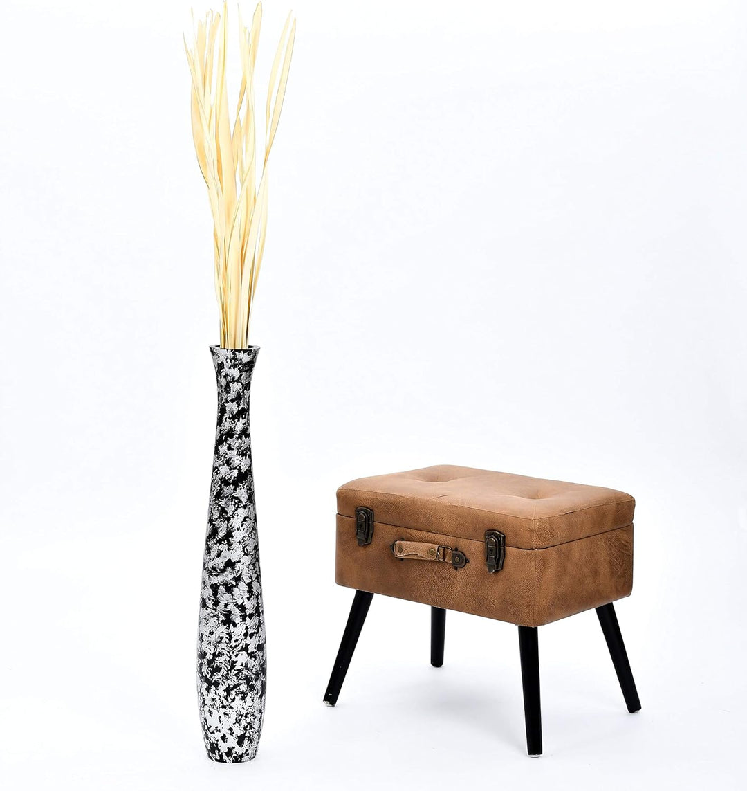 Leewadee Grosse Bodenvase für Dekozweige hohe Standvase Design Holzvase, Holz, 70 cm, Schwarz Silber