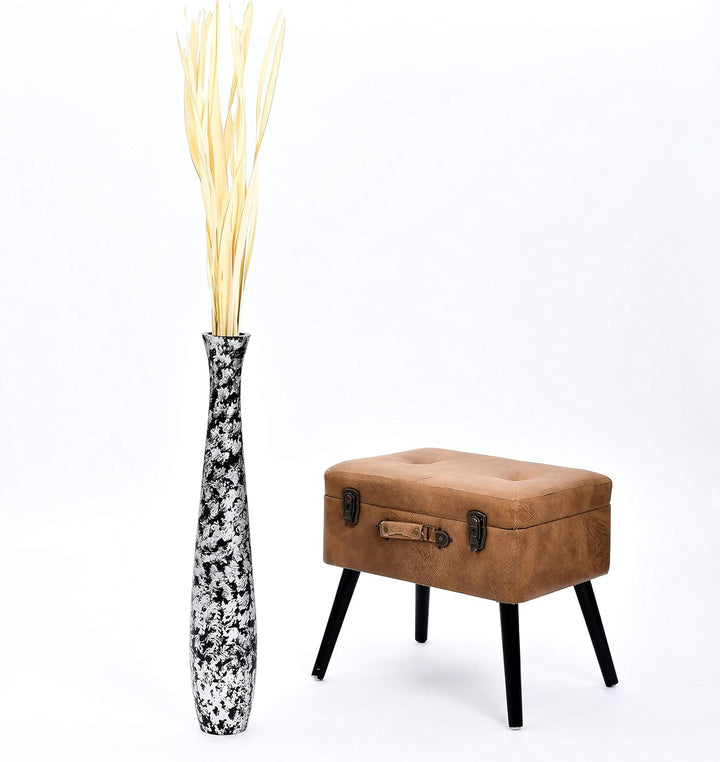 Leewadee Grosse Bodenvase für Dekozweige hohe Standvase Design Holzvase, Holz, 70 cm, Schwarz Silber