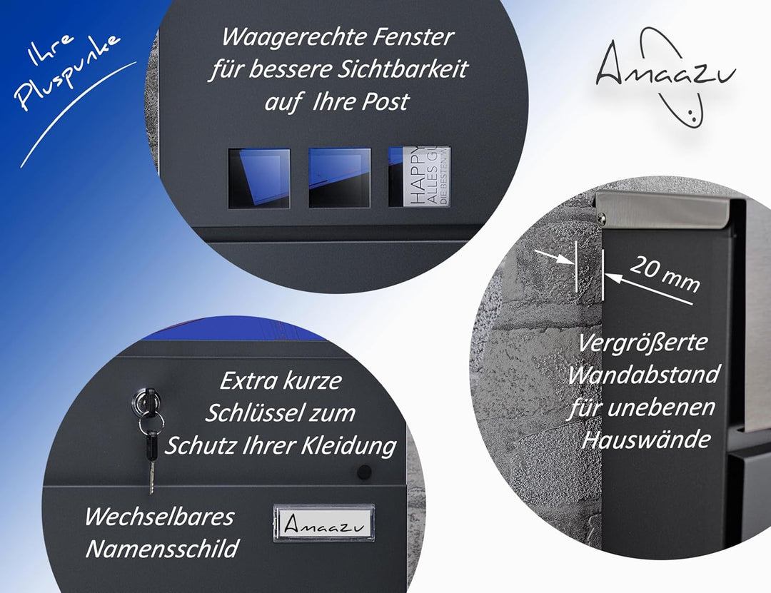 Briefkasten anthrazit - Edelstahl, mit Sichtfenster und Namensschild, Postkasten mit Zeitungsfach, S