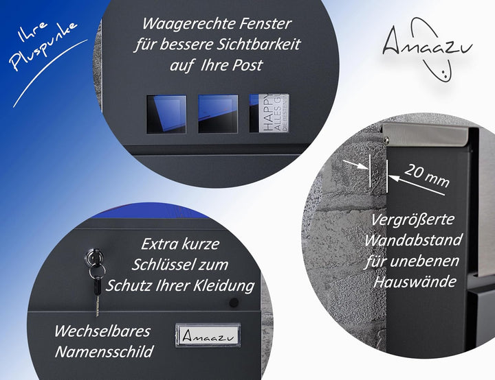 Briefkasten anthrazit - Edelstahl, mit Sichtfenster und Namensschild, Postkasten mit Zeitungsfach, S