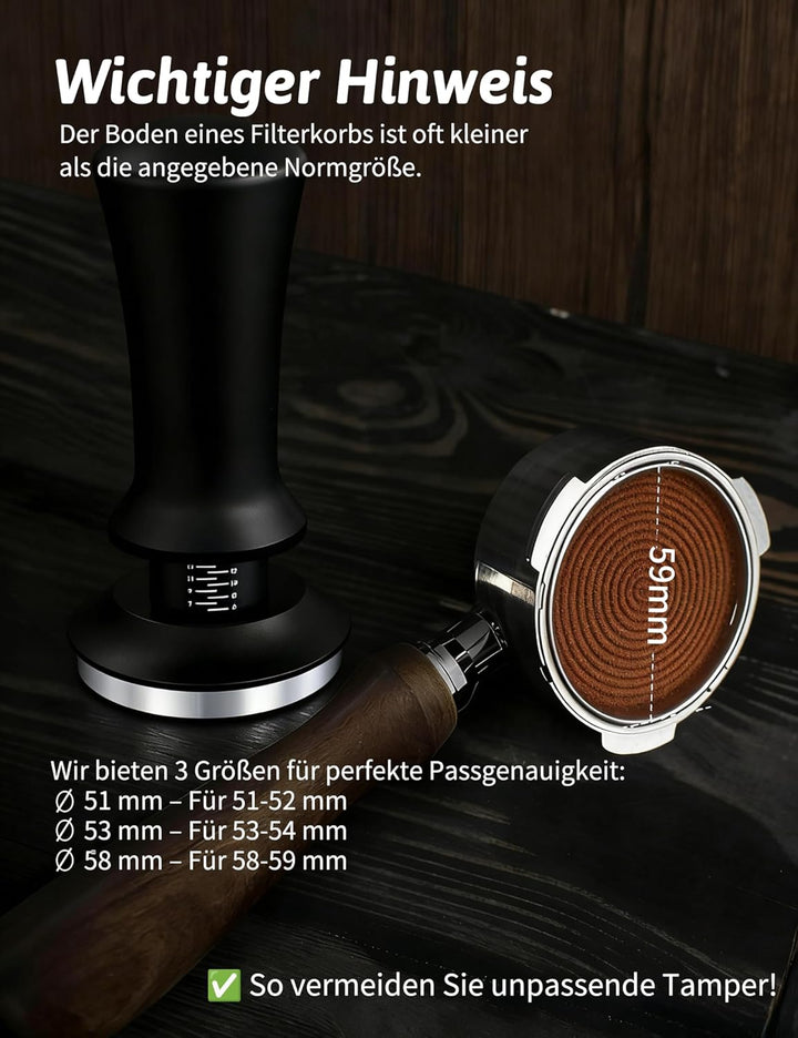 Kaffee Tamper Set 58mm, Espresso Tamper kalibriert, 304 Edelstahl Gewindebasis, Kaffeestampfer mit E