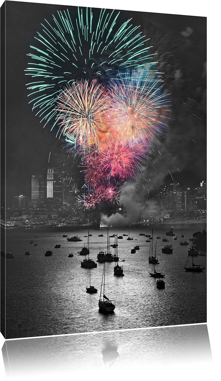 atemberaubendes Feuerwerk über Meer schwarz/weiss Format: 100x70 auf Leinwand, XXL riesige Bilder fe