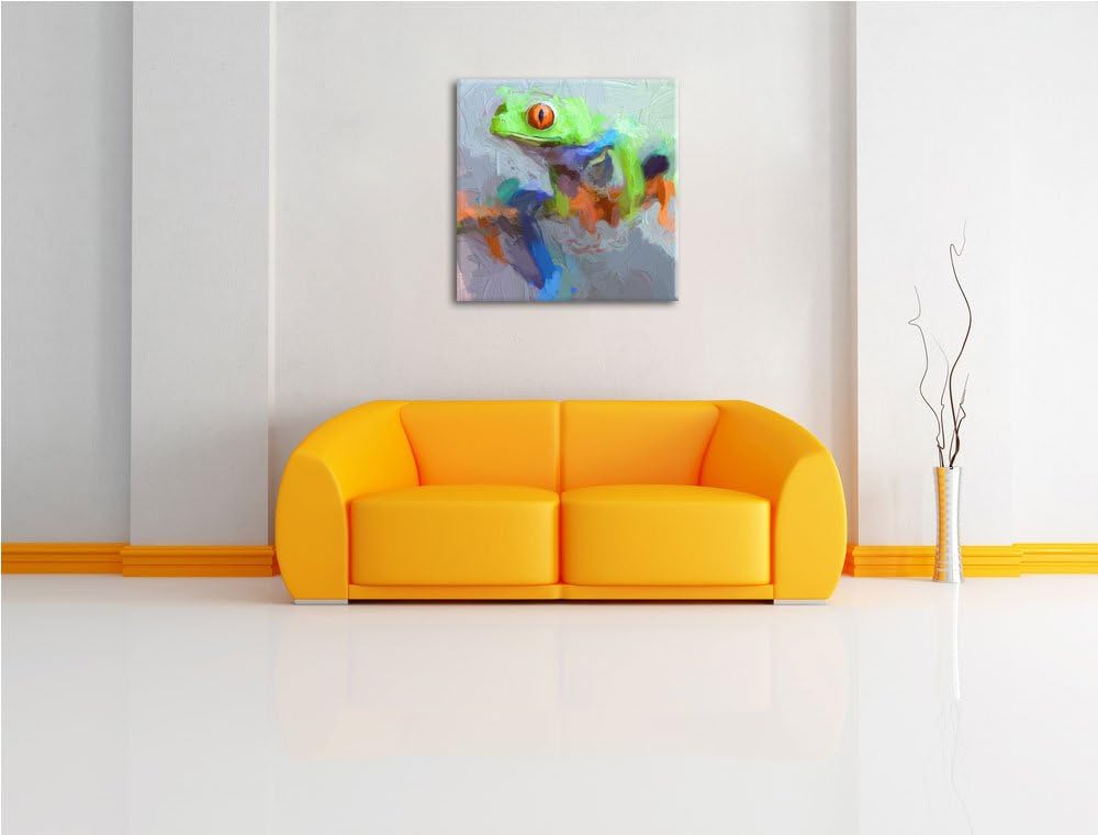 Grüner Frosch auf Ast, Format: 70x70 auf Leinwand, XXL riesige Bilder fertig gerahmt mit Keilrahmen,