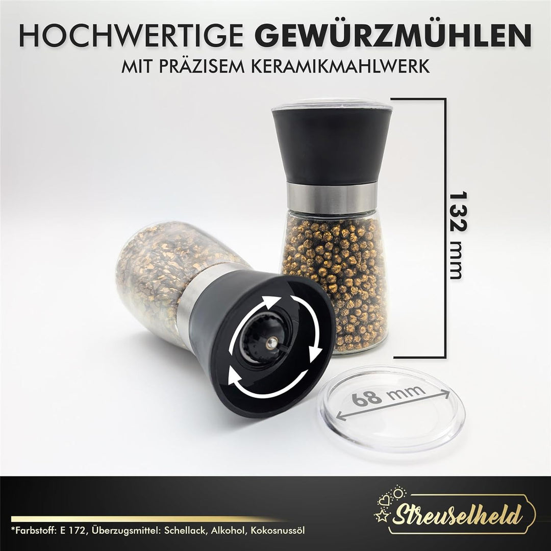 Streuselheld - Salz und Pfeffermühle mit Gold Gewürzen - 2er Geschenk Set mit Geschenkbox - Pfeffer