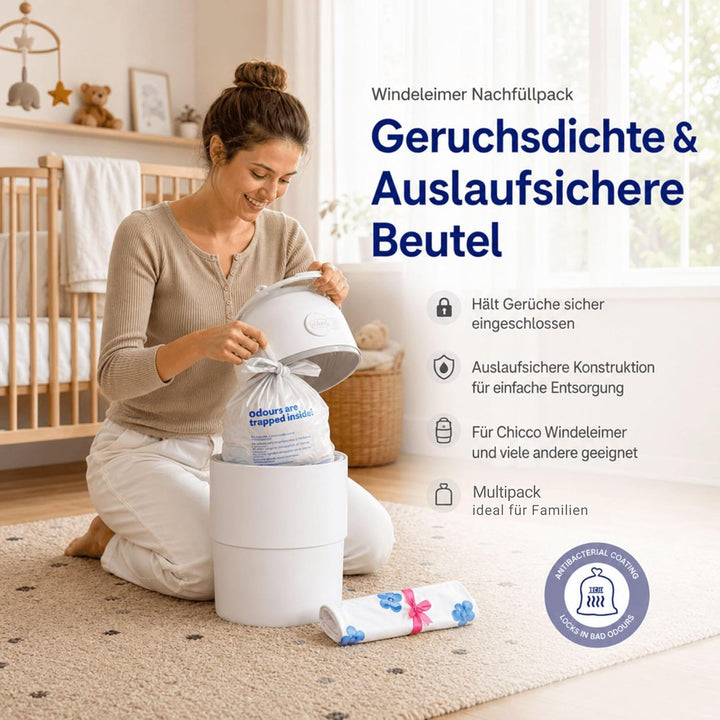 Chicco Windeleimer Nachfüllpack & Windel Blaubaer | geruchsdichte & auslaufsichere Beutel | Für saub