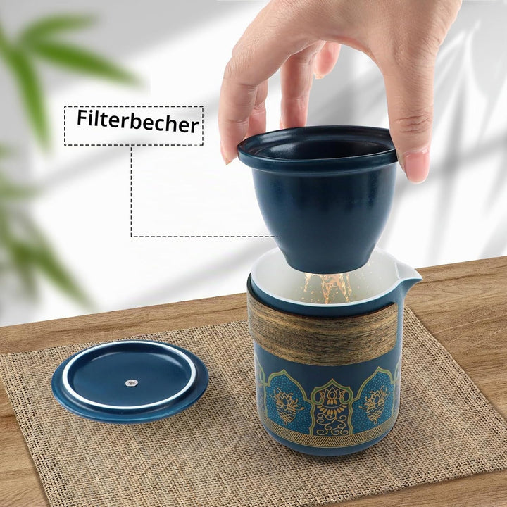 Teeset MIT SICHERER TRAGETASCHE - 5-tlg. Japanisches Porzellan-Set, Ideal für Unterwegs, Büro &amp; Gesc