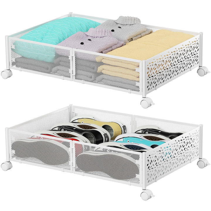 PHINOX Unterbett-Aufbewahrungsbox mit Rollen, 4 Stück faltbare Metall-Unterbettkommode zur Kleiderau