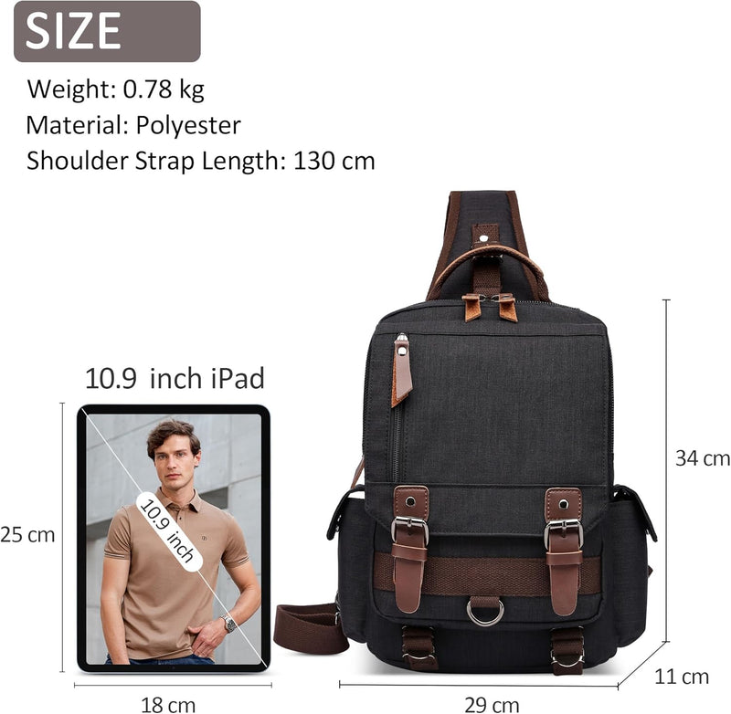 DORRISO Brusttasche Herren Mode Grosse Kapazität Schultertasche für 10,9 Zoll iPad mit Griff Mehrere