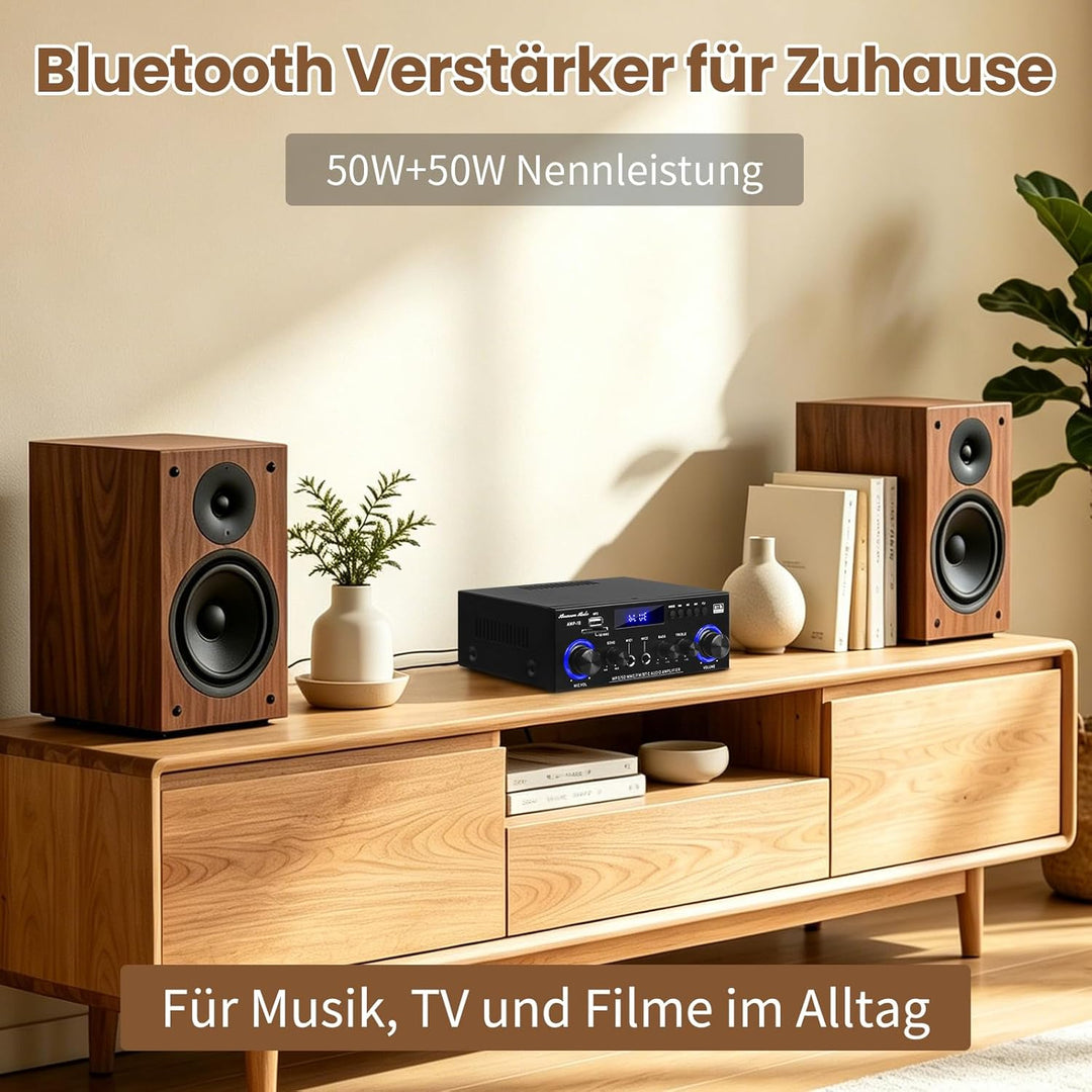 Henakmsl Bluetooth Stereo Verstärker 2.0, 2 x 50 W, Subwoofer-Out | Mit USB, SD, FM, AUX, 2 Mikrofon