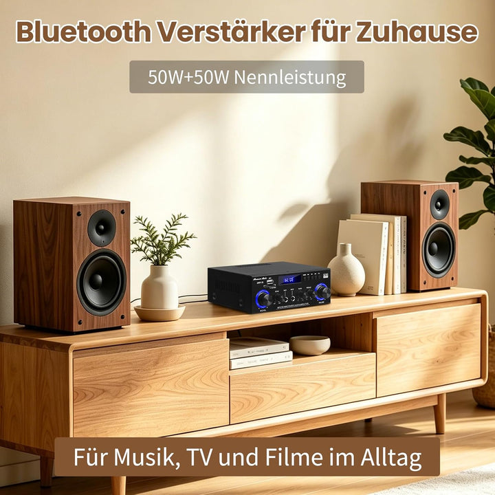 Henakmsl Bluetooth Stereo Verstärker 2.0, 2 x 50 W, Subwoofer-Out | Mit USB, SD, FM, AUX, 2 Mikrofon