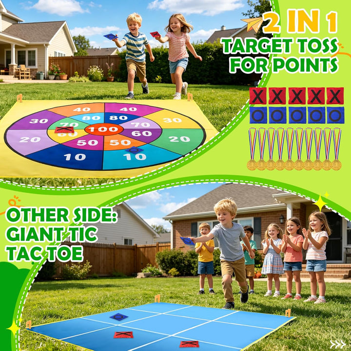 2-in-1 Riesen Tic Tac Toe & Beanbag-Wurfspiel für Kinder und Erwachsene – 1,47 m mit 10 Sandsäcken,