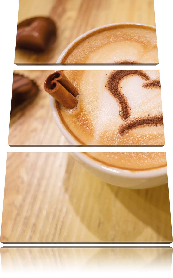 Pixxprint Kaffee Herz aus Schaum Cappucino als Leinwandbild | Grösse: 3 Teilig (120x80) | Wandbild|