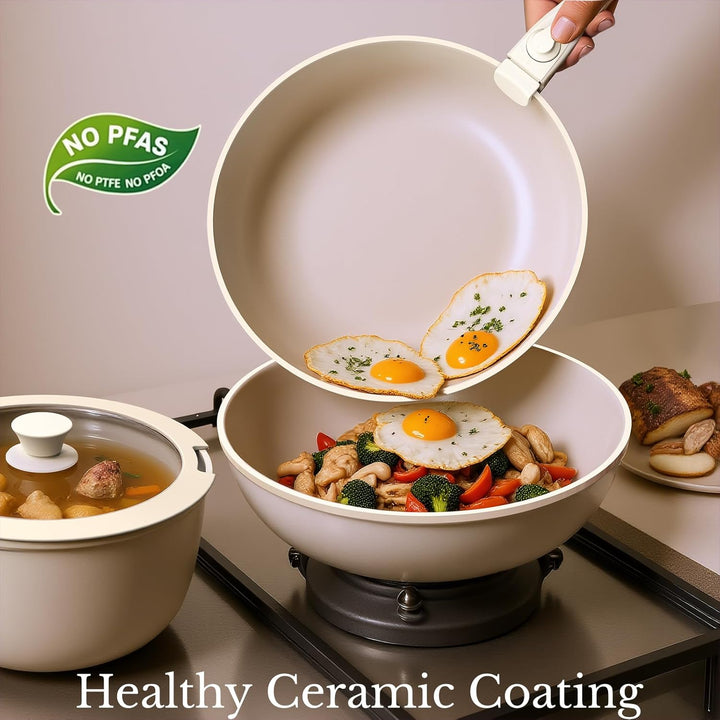 Töpfe und Pfannen Set Non-Stick, Keramik Kochgeschirr Set Abnehmbare/abnehmbare Griffe, RV Camping K