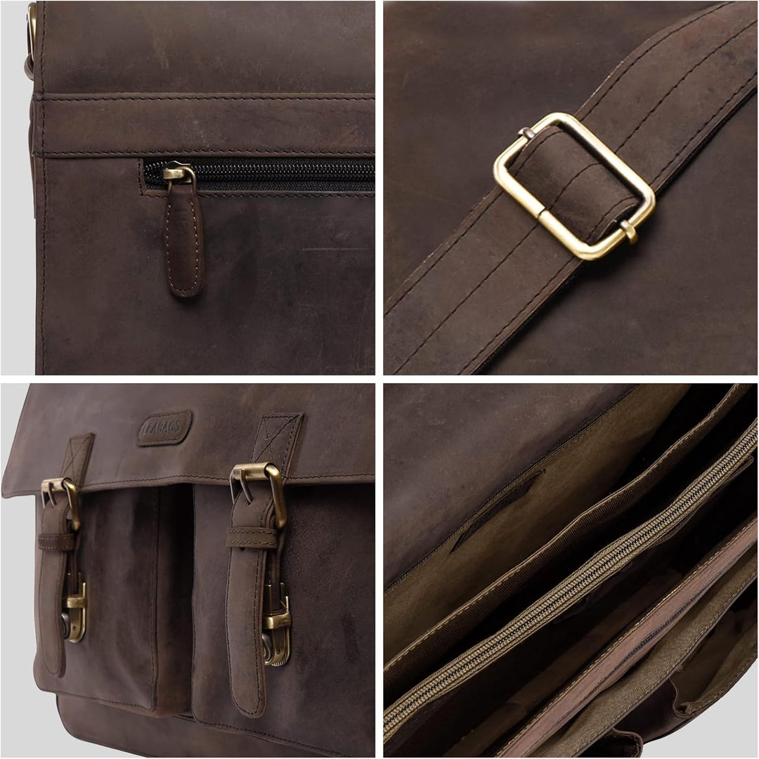 LEABAGS Leder Aktentasche Herren &amp; Damen I Echtleder Laptoptasche bis 15 Zoll I Umhängetasche mit Sc