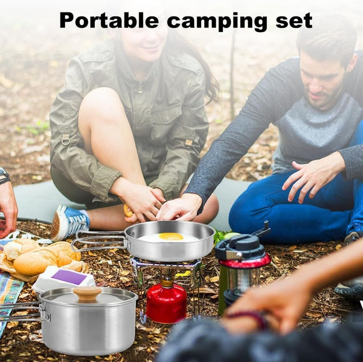 Camping Kochgeschirr Set, Camping Topf Edelstahl Camping Kochtopf mit Deckel und faltbarem Griff Tra