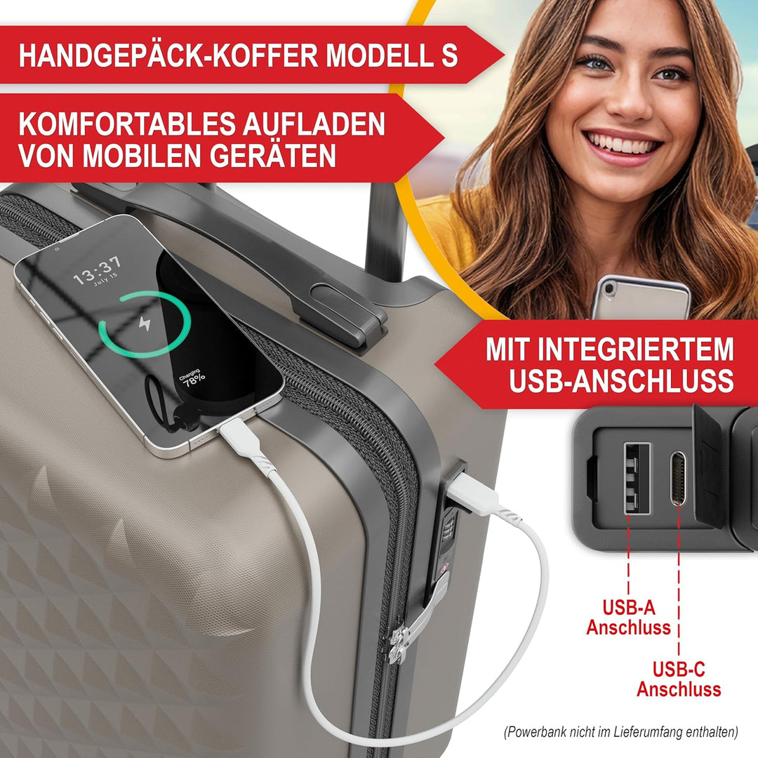 Premium Kofferset 4-TLG. – Hartschalenkoffer mit TSA-Lock, USB-Anschluss – 1x Kofferwaage, 2X Koffer