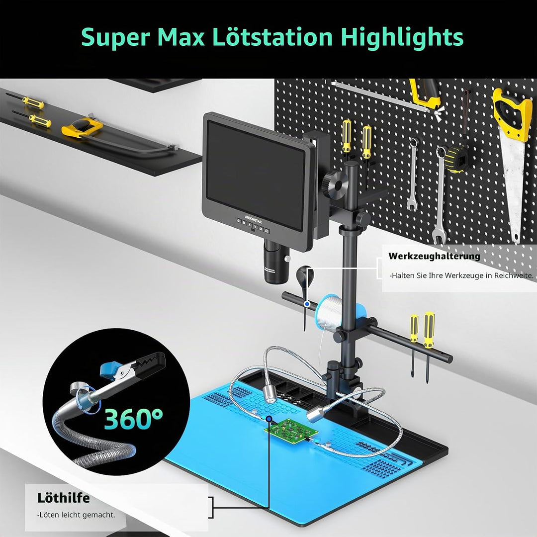 Andonstar AD249S-Max Digitales Mikroskop mit 3 Linsen, mit Max-Ständer