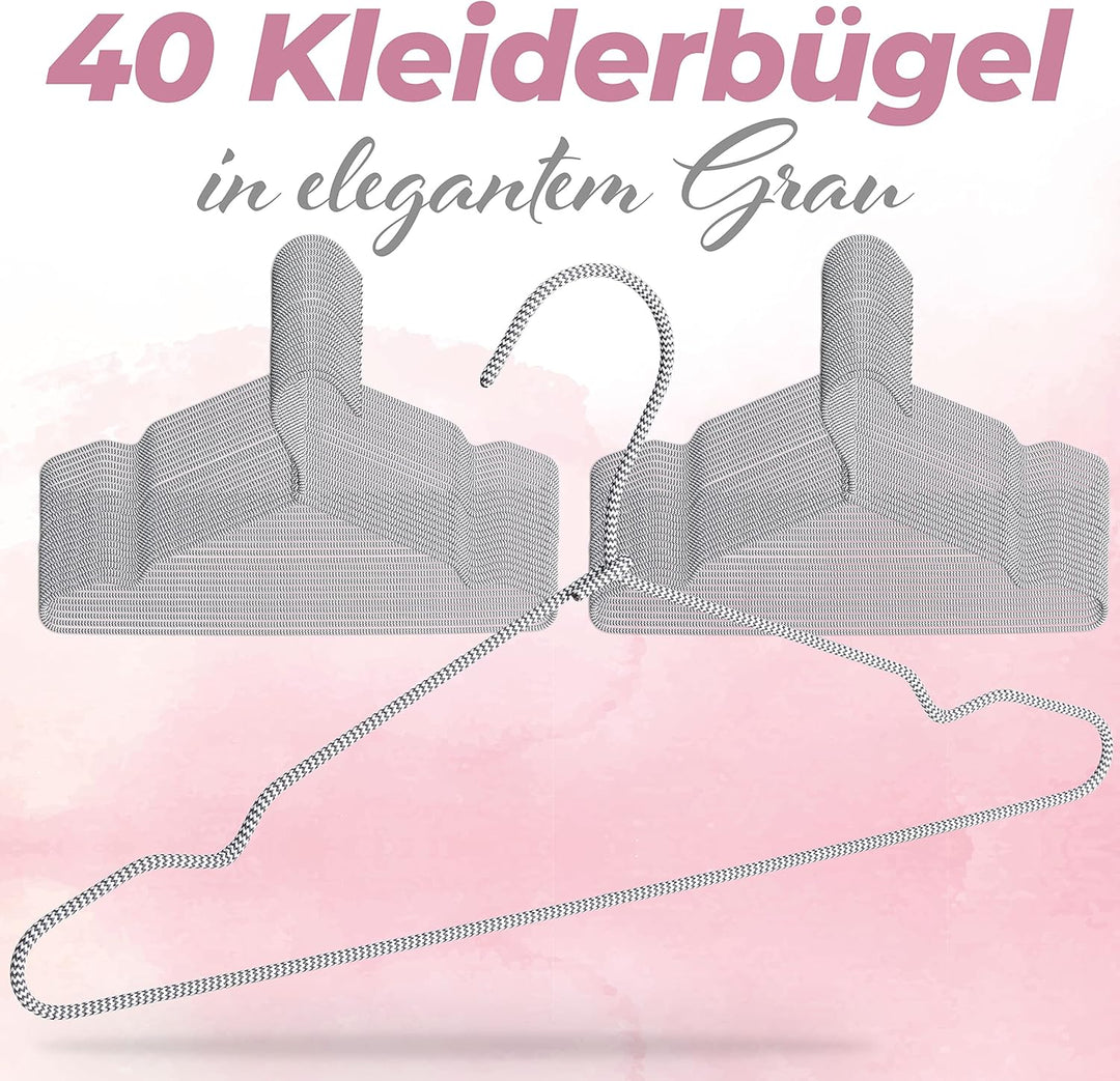 Elegante Kleiderbügel [40 Stück] in Grau - Platzsparende Metallkleiderbügel mit Textilüberzug - Schm