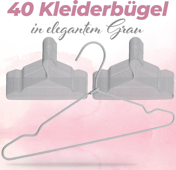 Elegante Kleiderbügel [40 Stück] in Grau - Platzsparende Metallkleiderbügel mit Textilüberzug - Schm