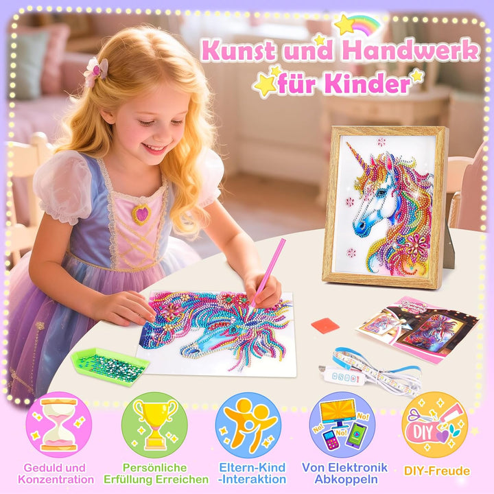 Geschenke Mädchen 5 6 7 8 9 10 11 Jahre Diamond Painting Kinder Einhorn Nachtlicht Bilderrahmen, Bas