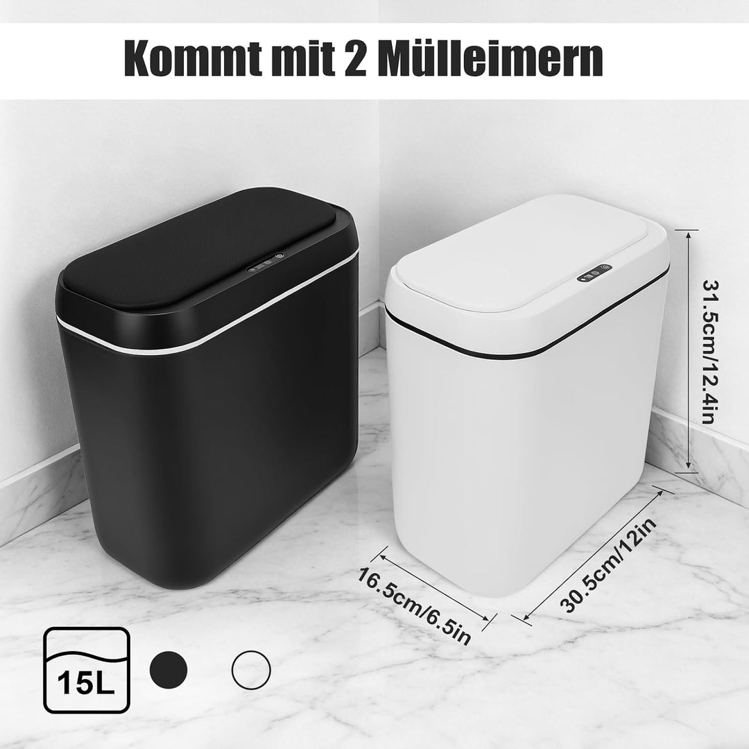 2er Set Mülleimer Bad mit Sensor, 15L Elektrischer Mülleimer mit Deckel