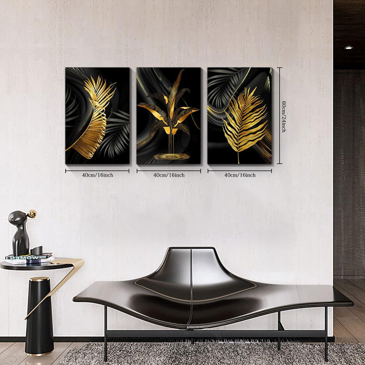 3 Teilig Goldenes Blatt Leinwandbilder Bilder Abstrakt Palmblatt Farn botanisch Blätter bild auf lei
