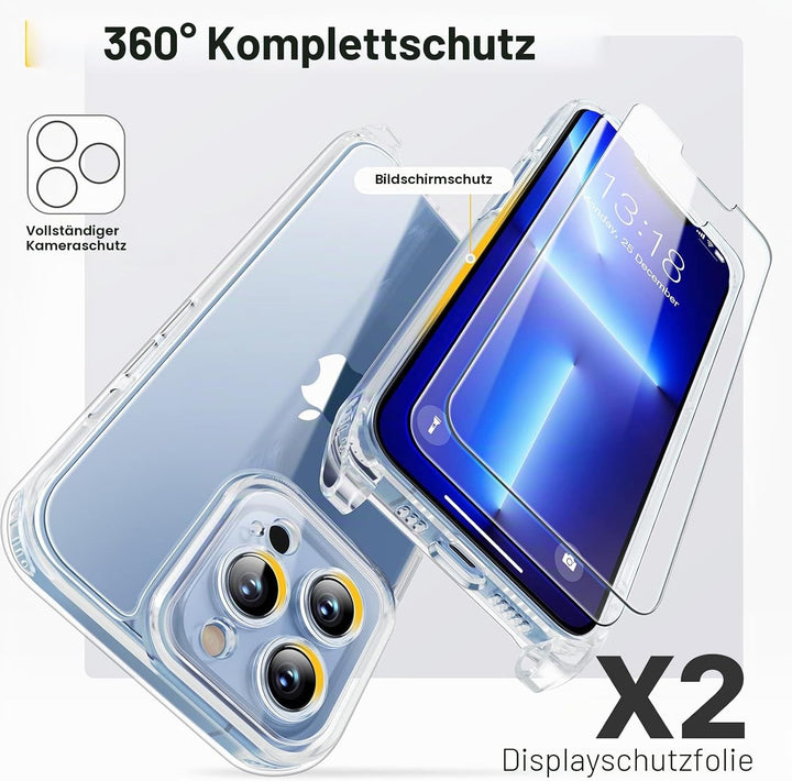 GOODVISH 3 in 1 Handykette für iPhone 13 Pro 6,1", mit 2 Stück Schutzfolie | 360°-Schutz | Kamerasch