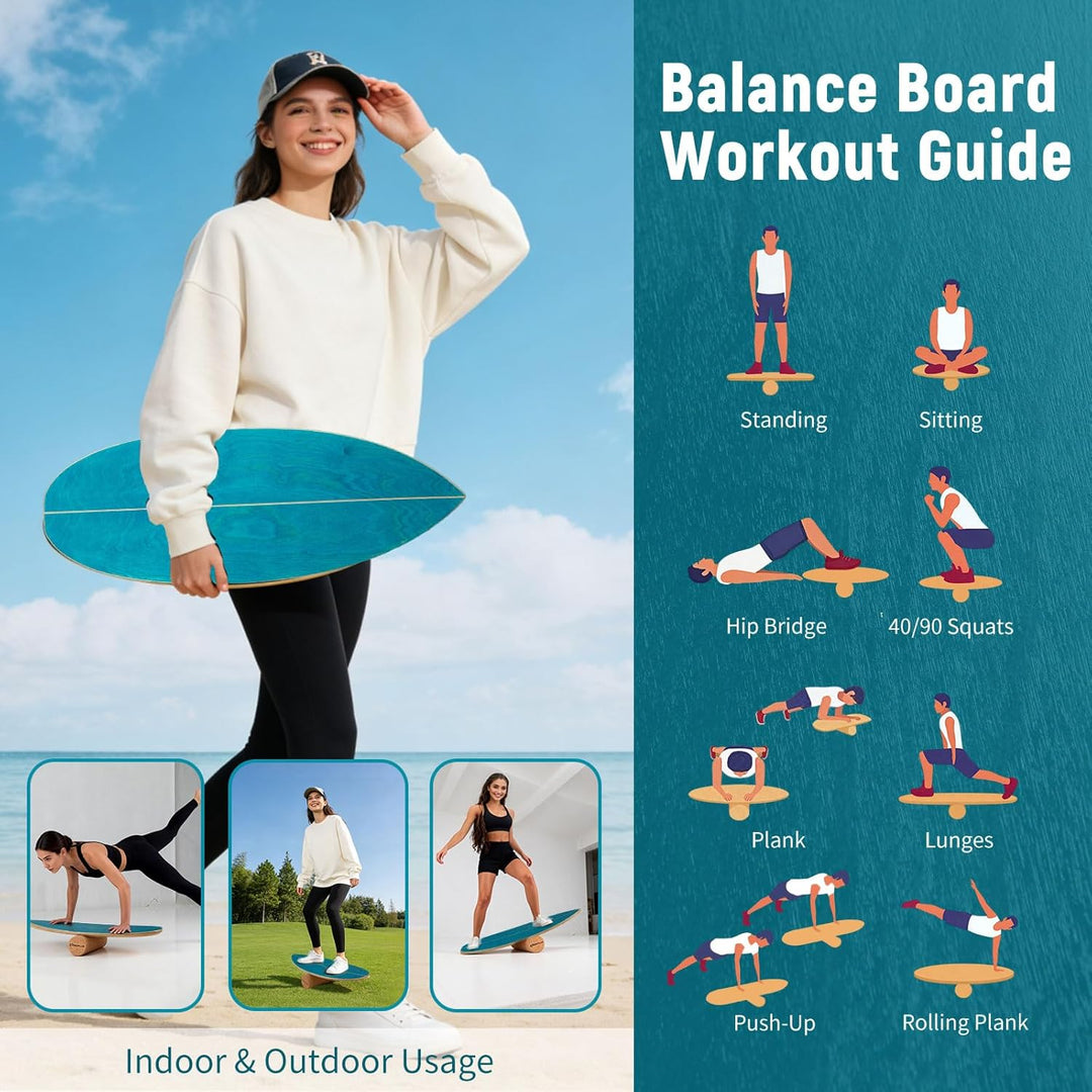 FANTASK Balance Board aus Birkenholz, FSC-zertifiziertes Wackelbrett mit Korkrolle & Halterung, Glei