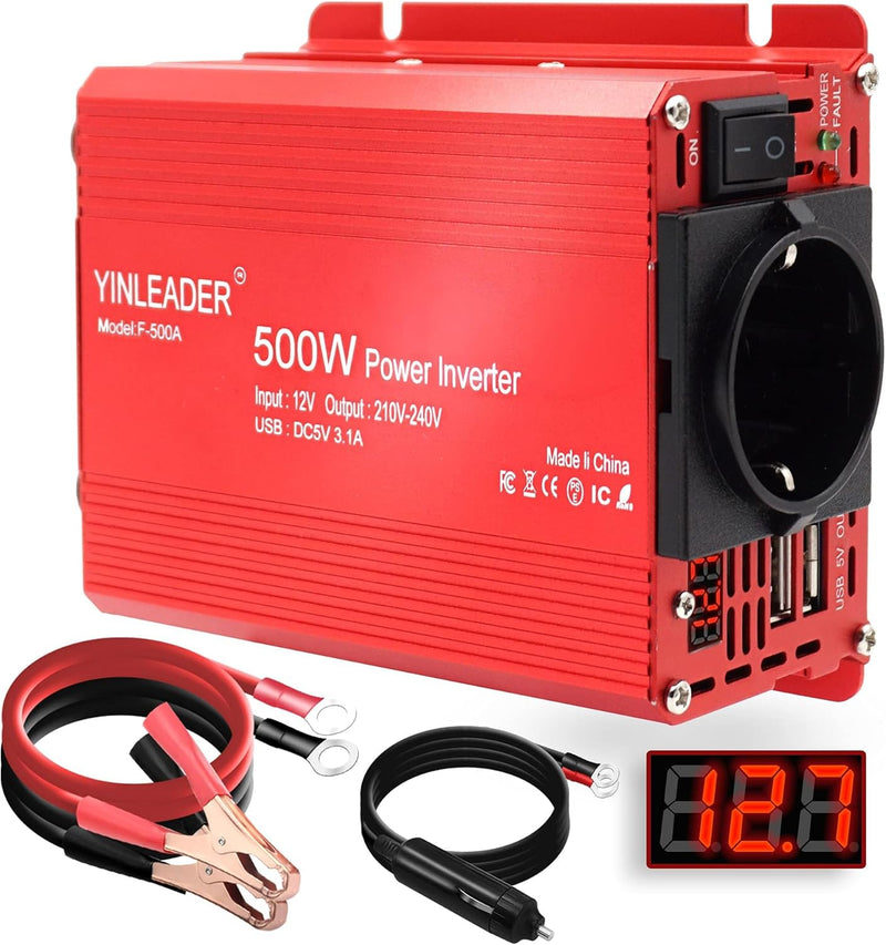 Yinleader Wechselrichter 12V zu 230V 500W KFZ Spannungswandler mit LED Display 2 USB Anschlüsse inkl