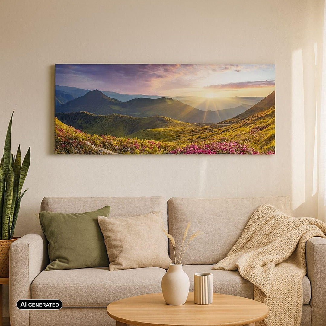 Wandbilder Dekoration Wohnzimmer Gebirge Wiese Landschaft Wald Panorama Bilder auf Leinwand 120x50cm