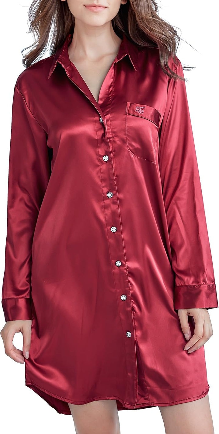 Nachthemd Damen, Satin Nachtkleid Langarm Nachtwäsche mit Knopfleiste Schlafhemd Freizeitkleidung Bu