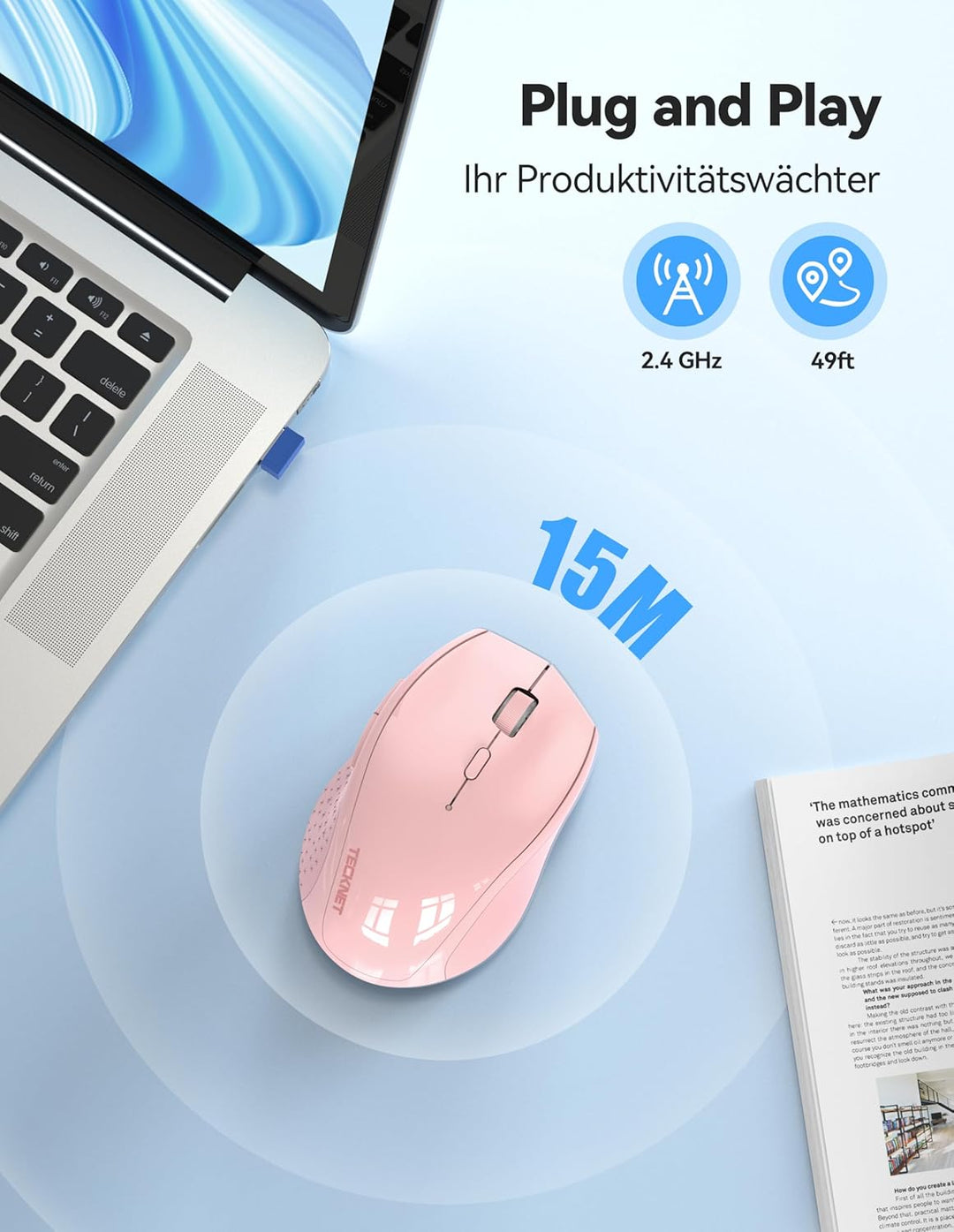 TECKNET PRO Kabellose Maus Wiederaufladbar, Silent Funkmaus 6400 DPI, 2,4 GHz Computermaus, Ergonomi