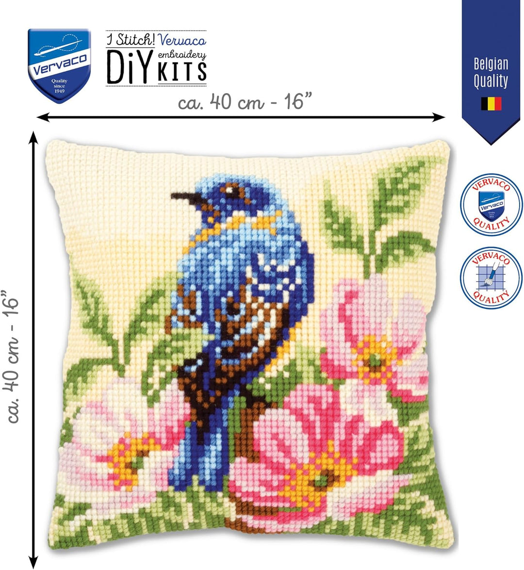 Vervaco Vogel auf Wilder Rose Kreuzstichkissen/Stickkissen vorgedruckt, Baumwolle, Mehrfarbig, 40 x