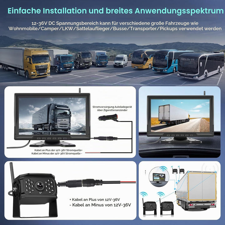 Hodozzy Digitale Kabellos Rückfahrkamera 4 Kameras,10,1 Zoll IPS HD Rückfahrmonitor mit Geteiltem Bi