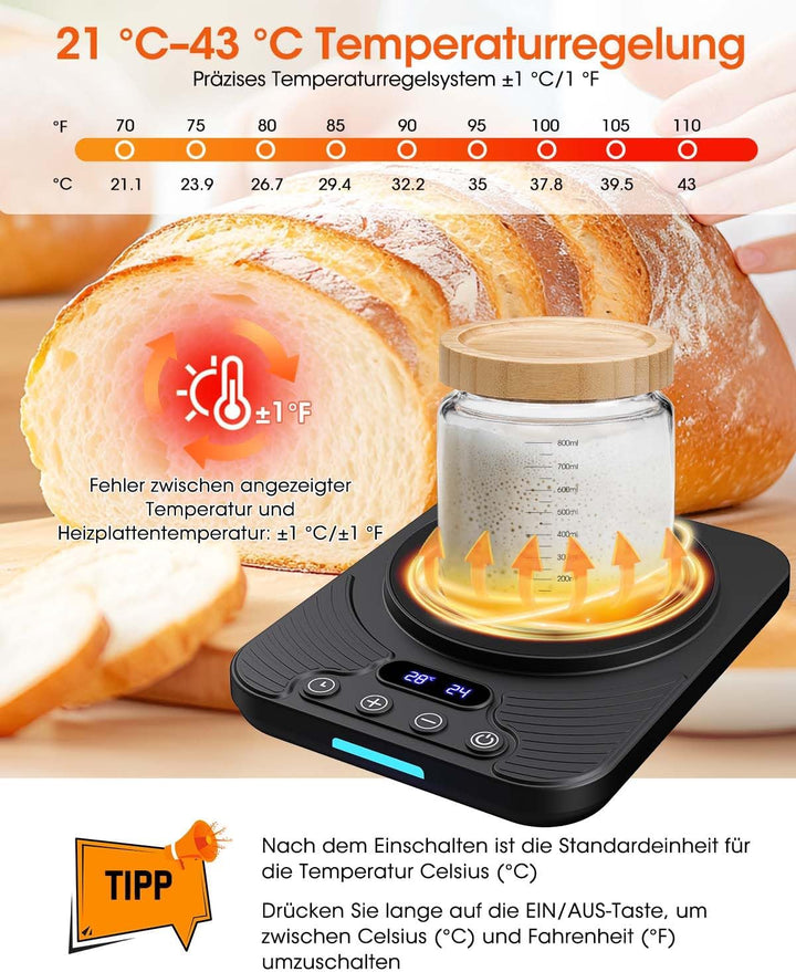 Sauerteigstarterwärmer, Wärmeplatte Präzise 1℃ Thermostat (21-43℃), 24H Timer, Automatische EIN/Aus-