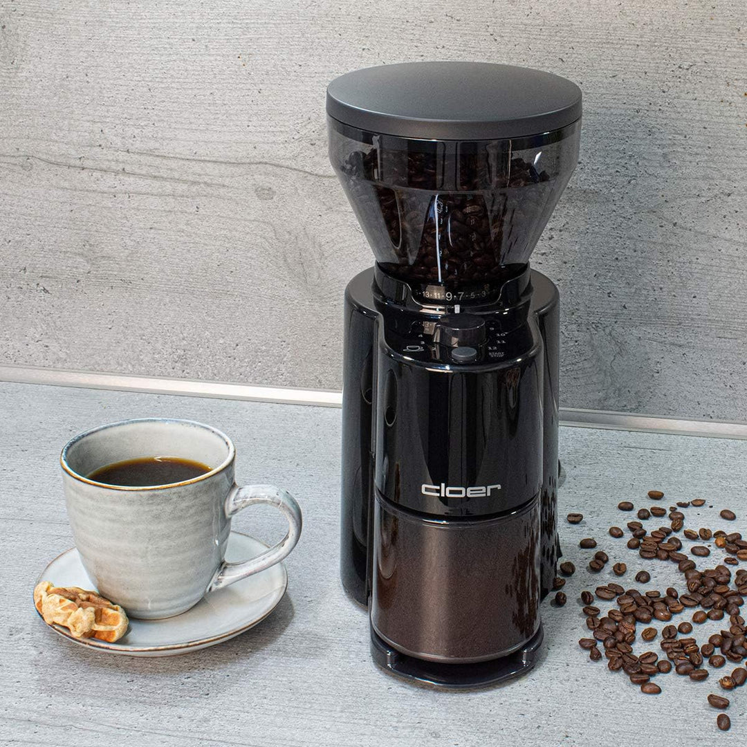 Cloer 7520 Elektrische Kaffeemühle mit Kegelmahlwerk aus Edelstahl, 2-12 Tassen, 300 g Kaffeebohnen,