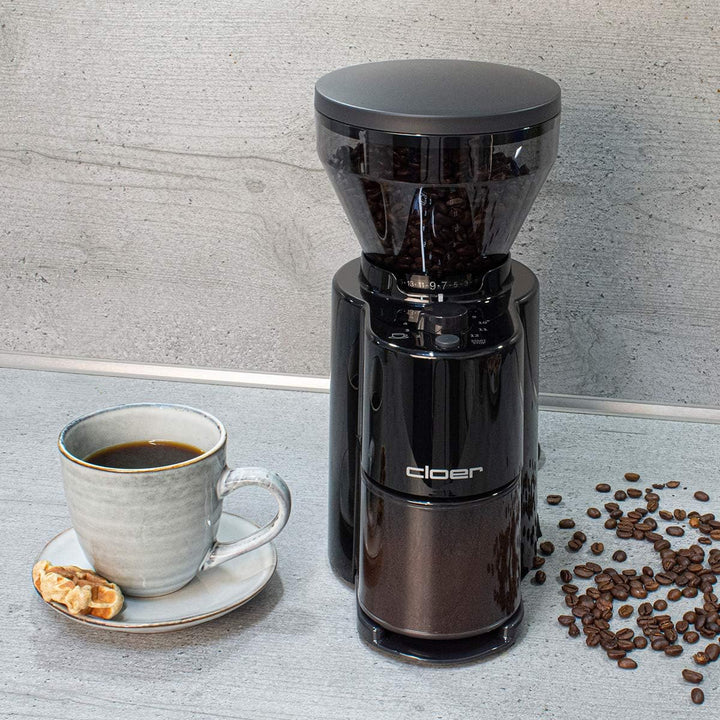 Cloer 7520 Elektrische Kaffeemühle mit Kegelmahlwerk aus Edelstahl, 2-12 Tassen, 300 g Kaffeebohnen,