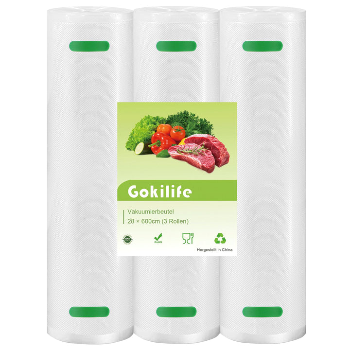 Gokilife Vakuumierbeutel - 3 Rollen 28x600cm Reissfest ca. 450µm, Vakuumierfolie für alle Vakuumiere