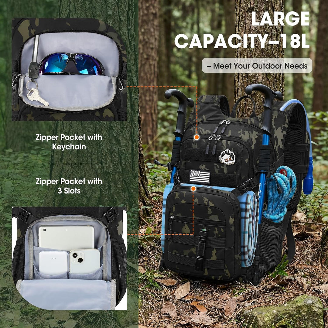 RAINSMORE Wanderrucksack 18L mit 2L Blase & Regenschutz | Leichter Trinkrucksack für Laufen, Radfahr